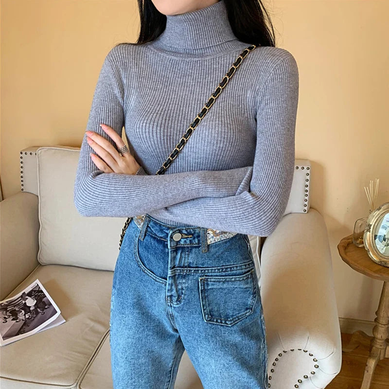 2026 Autumn Winter Women Long Sleeve Knitted Foldover Turtleneck Ribbed Pull Sweater Soft Warm Femme Jumper Pullover Clothes