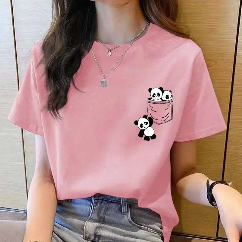 2026 Women's New Spring/Summer Fashion Trend Solid Color Short-Sleeve Panda Print Elegant Loose-Fit Crew Neck T-Shirt