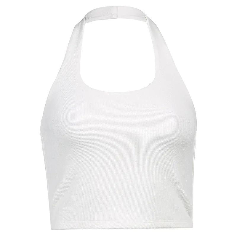 Women's Sexy Spice Hanging Neck Backless Small Suspenders Slim Short Neckline Solid Color Threaded Peplum Short Tops