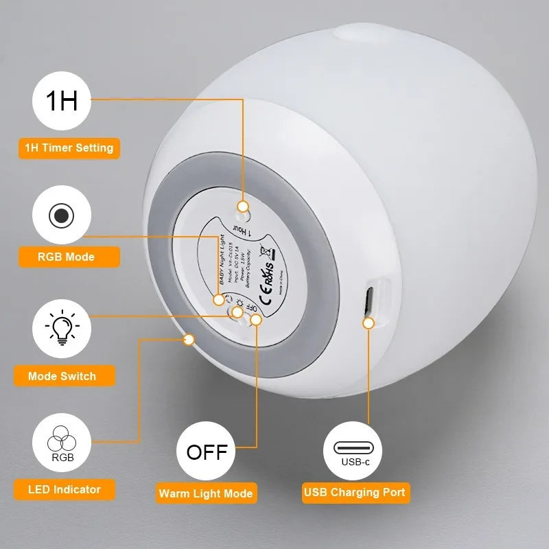 Penguin Egg Colorful RGB Night Light Silicone Baby Sleep Light Tap Change Light Color USB Charging Bedroom Bedhead Night Light