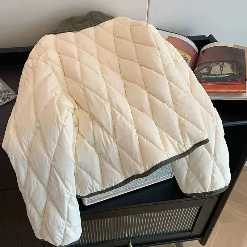 Korean Style Color Blocking Lapel Pattern Cotton-padded Coat Women's Autumn/winter Versatile Petite Cropped Padded Jacket