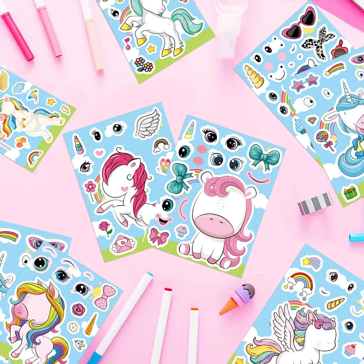 8/16/24PCS Cartoon Rainbow Unicorn DIY Collage Stickers Decorative Mobile Tablets Skateboards Waterproof Stationery Stickers