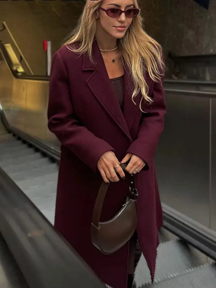 HH Women Fashion Burgundy Coat Double Breasted Long Sleeve Lapel Blends Jacket Autumn Winter High Street Outerwear