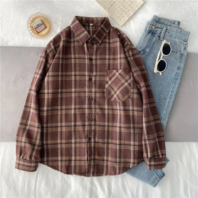 Xpqbb Vintage Women Plaid Shirts Autumn Long Sleeve Oversize Button Up Blouses Female Streetwear Loose Casual Shirts Femme Coat