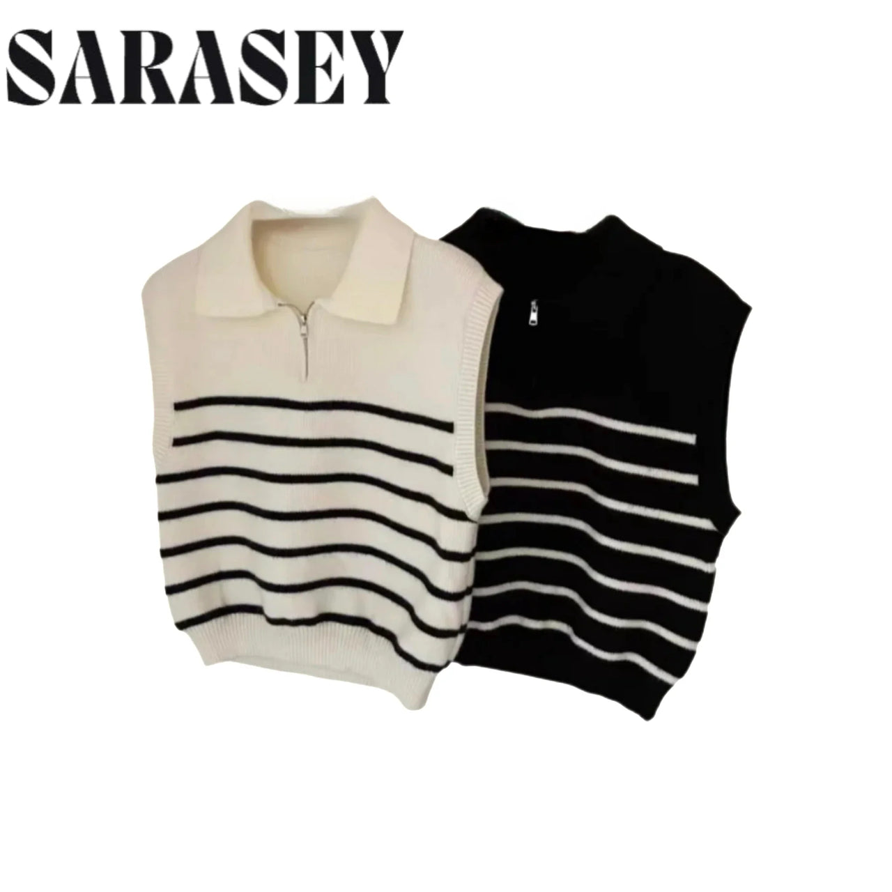 Korean Retro Lapel Zipper Stripe Knitted Vest Women Autumn Winter Sleeveless Sweater Casual 100% Polyester Pullover Outerwear