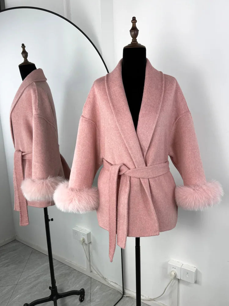 Tossy Fox Fur Wool Overcoat Women's Short Coat Office Lady Elegant Double-sided Woolen Coat 2025 New Cardigan Jackets Loose Wool