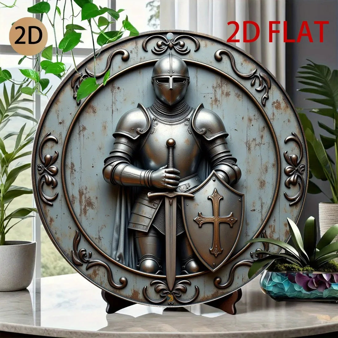 Medieval Knight Metal Wall Art, 3D Shield Spear Round Aluminum Decor for Home Bar Garden