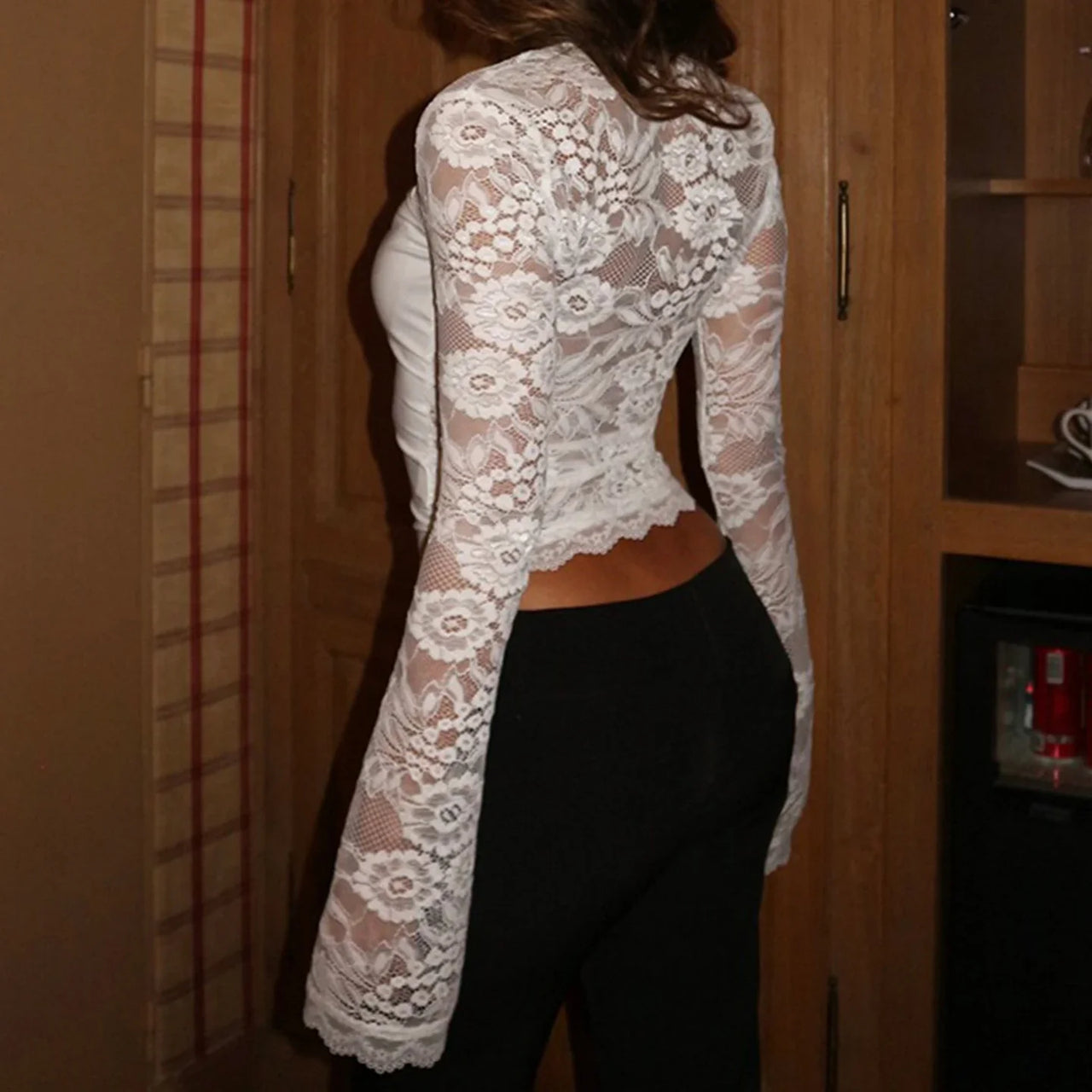 SUCHCUTE Lace-trimmed Patchwork Long-sleeve Tees Women Square Neck See-through Back Top Y2k Aesthetic 90s Sexy T-shirts Vintage