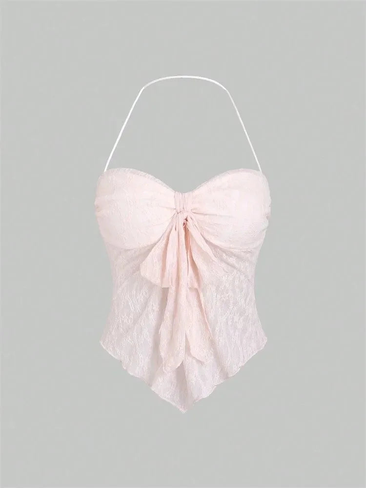 Bow knot Lace Halter Top for Women Summer Sexy Floral Pattern Off the Shoulder Backless V-neck Crop Top Y2K Clothes
