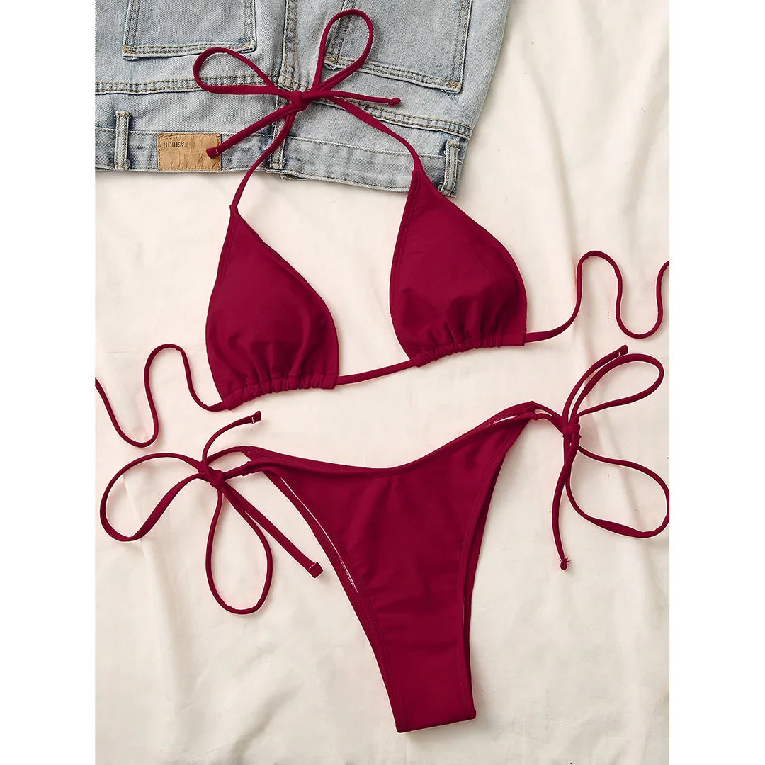 7 Colors Halter Brazilian Bikini Women Swimwear Female Swimsuit Two-pieces Bikini set Padded Bather Bathing Suit Swim Lady V3536
