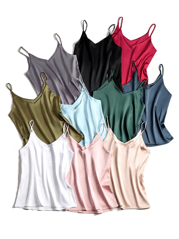 AOSSVIAO 2026 Spaghetti Strap Top Women Halter V Neck Basic White Cami Sleeveless Satin Silk Tank Tops Women'S Summer Camisole