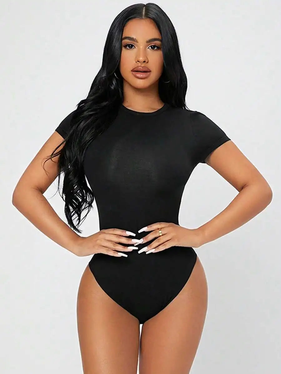 Petite Solid Slim Fit Short Sleeve Bodycon Bodysuit for Women