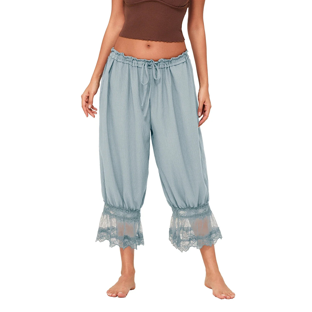 Combhasaki Women's Y2K Loose Fit Bloomers Cropped Pants Drawstring High Waist Floral Lace Patchwork Calf-Length Lantern Trousers