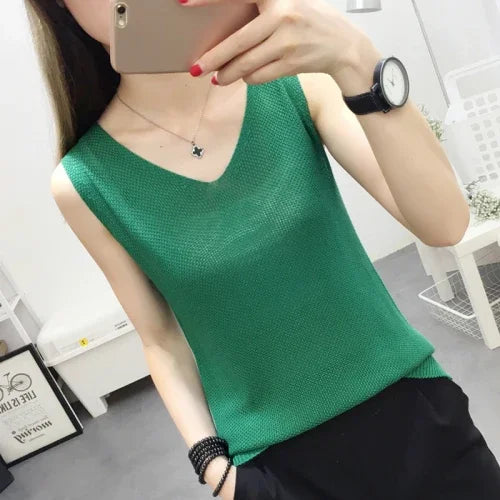 Fashion Woman Blouses 2024 V-neck Knitted Blouse Shirt Women Clothes Sleeveless Summer Blouse Women Womens Tops And Blouses C860