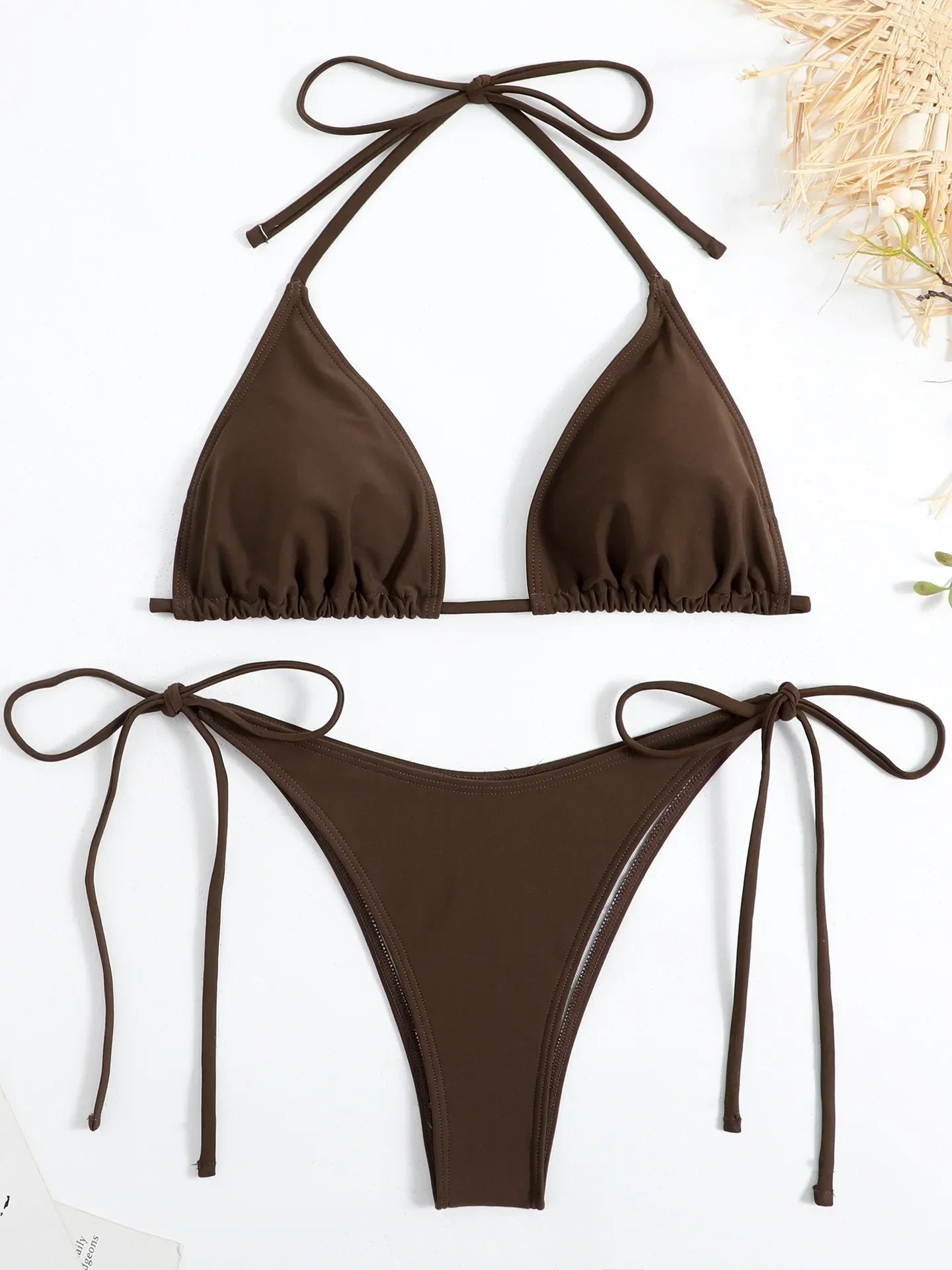 Sexy Brown Bikini 2026 Women Solid Red Halter Push Up Bra Tie Side Triangle Swimsuit Summer Bathing Suit Lace Up Micro Swimwear