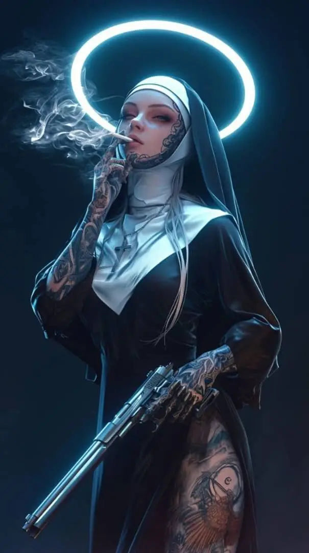 Sexy Tattoo Machine Gun Nun Poster Print Christian Smoking Nun Canvas Painting Living Room Background Wall Home Decoration