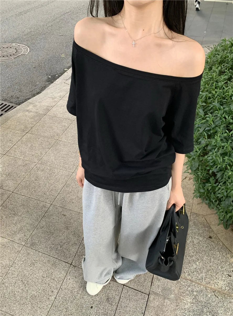 2026 Summer Off Shoulder T-shirt Women Sexy Y2K Korean Fashion Crop Tops Woman Vintage Japanese White Tee Shirt Femme Clothes