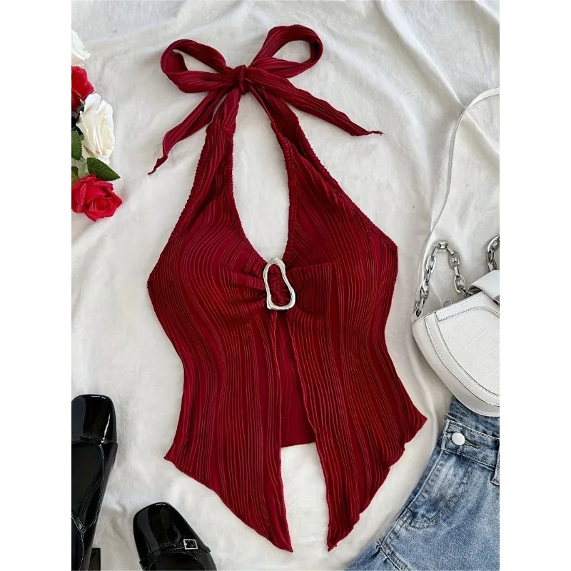 Summer for Women Sleeveless Top Clothes Solid Split Backless Women Sexy V-neck Halter Neck Crop Top
