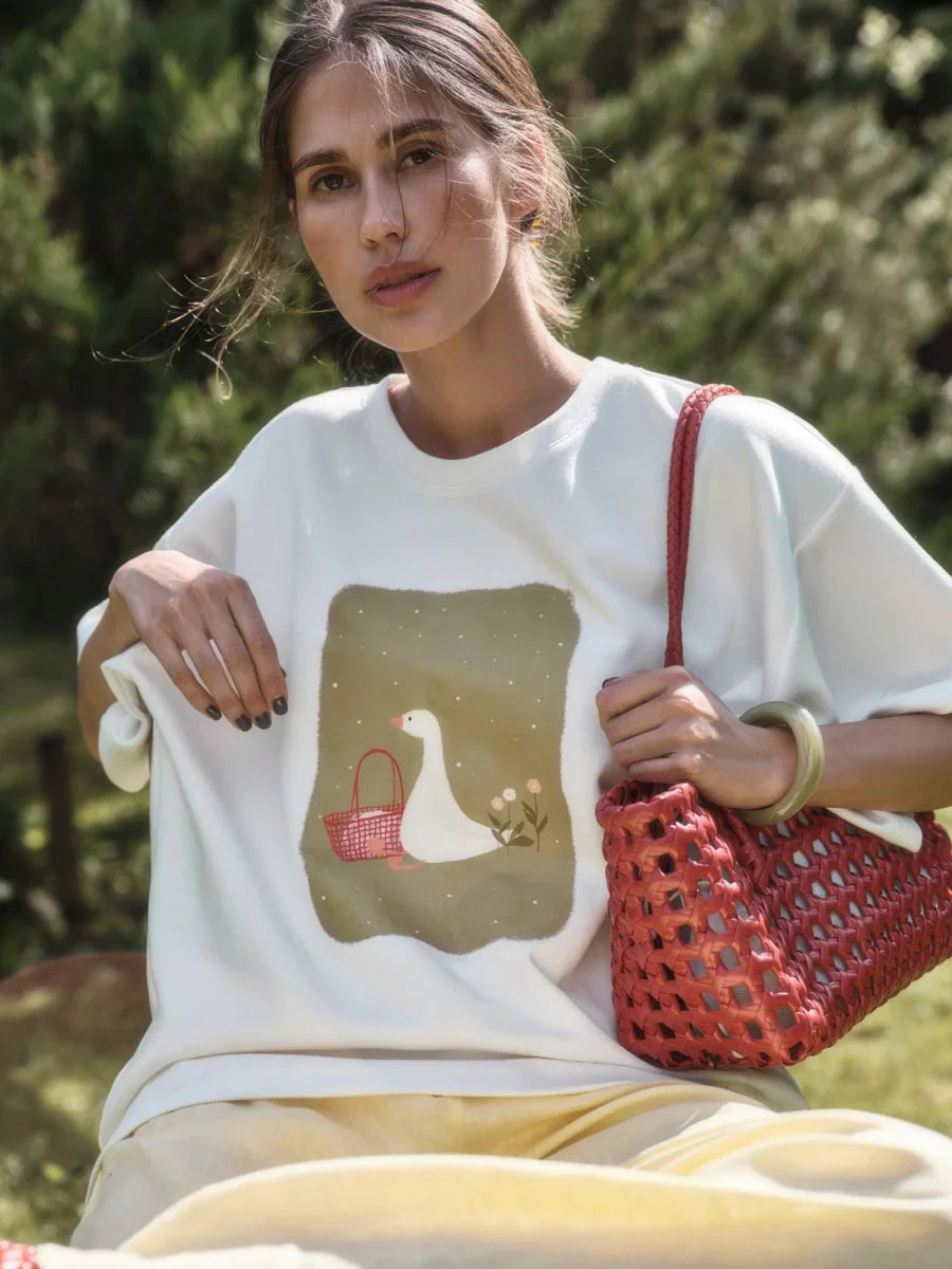 Sumuyoo Cotton Women's Fashionable Printed T-shirt Casual Vintage Fashion Hip Hop Loose Top 230g/m³ Printing Short Sleeve