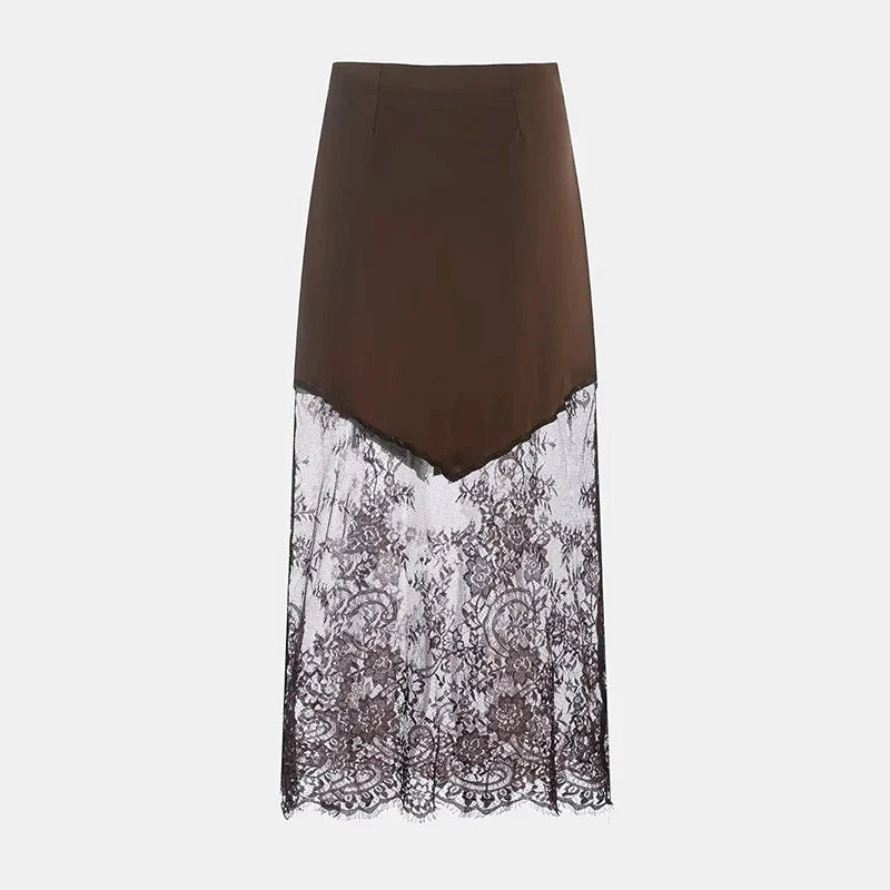 Women Patchwork Lace Skirts 2026 New Vintage High Waist Slim Hollow Out Maxi Skirts Autumn Brown Fashion Party Club Boho Skirt
