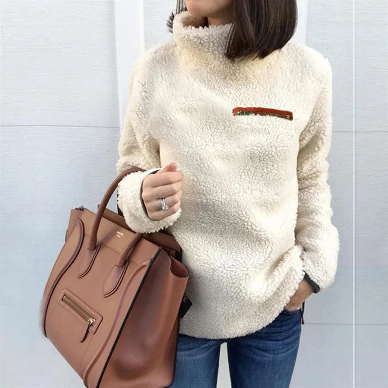 Women Autumn Winter Warm Velet Turtleneck Pullover Sweater Fashion Zipper Super Soft Long Sleeved Tops Female Solid Loose Cloths