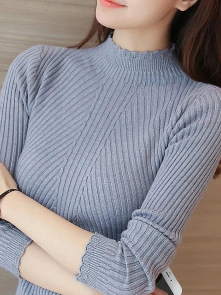 2026 Autumn Women Mock Neck Ruffles Sweater Long Sleeve Knitted Bottoming Solid Pullovers Stripe Women Casual Sweater Winter