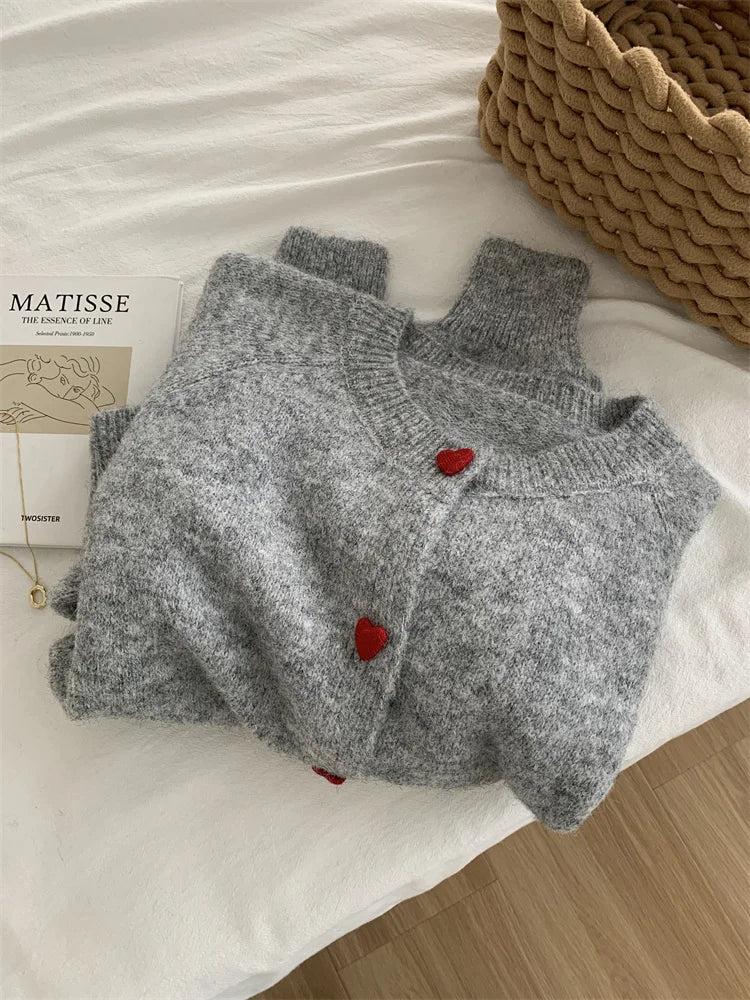 Deep Grey Wool Knitted Cardigan For Women 2026 Autumn Winter Soft And Sticky Warm Love Buckle Shoulder Sleeves