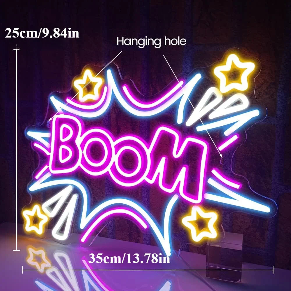 Boom Neon Sign Cool Neon Sign Wall Decor for Bedroom Man Cave Restaurant Bar Party Birthday Gift for Friend USB Powered