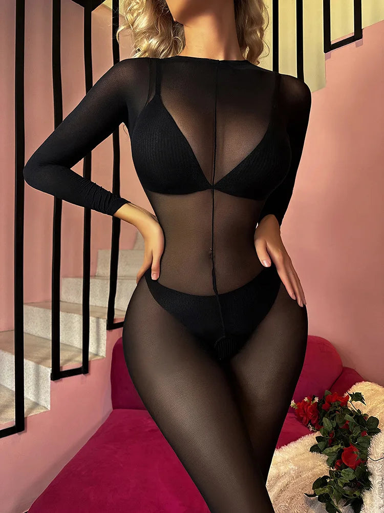 One Piece Sexy Black Fishnet Bodysuit Lingerie Bodystocking for Women full Body See Through Jumpsuit