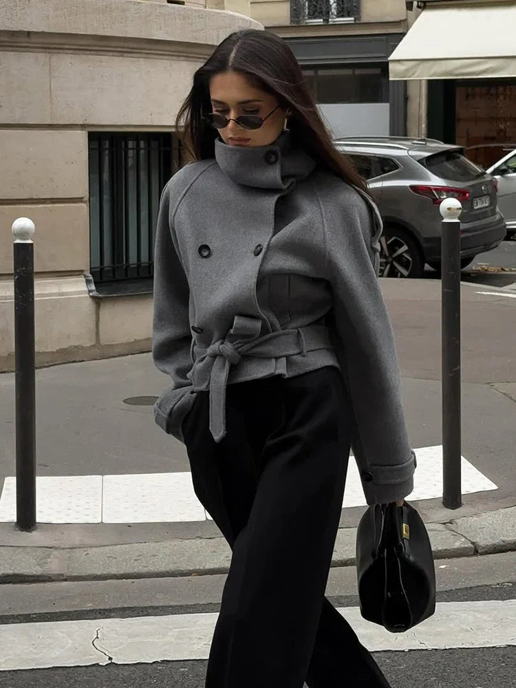 Women Turtleneck Grey Woolen Cropped Coat Chic High Collar Double Breasted Pocket Lace Up Short Overcoat Lady Daily Street Coats