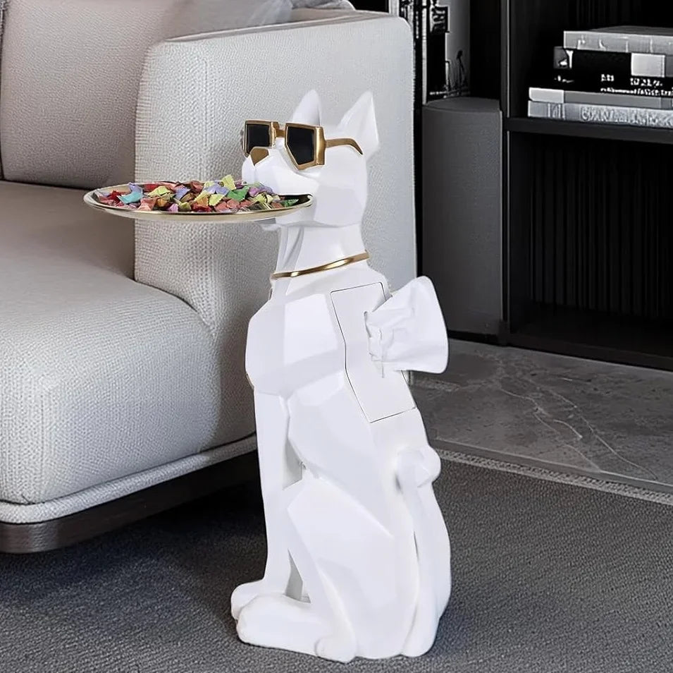 Modern Geometric Dog Statue Side Table with Tray Butlers Design Animal Decorative Table for Living Room Home Decor