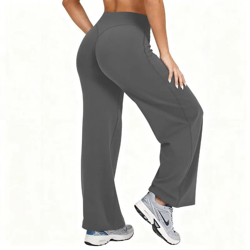 Women Plus Size Yoga Wide-leg Pants High Waist Stretchy Solid Color Leggings Running Pilates Sports Fashion Straight-Leg Pants