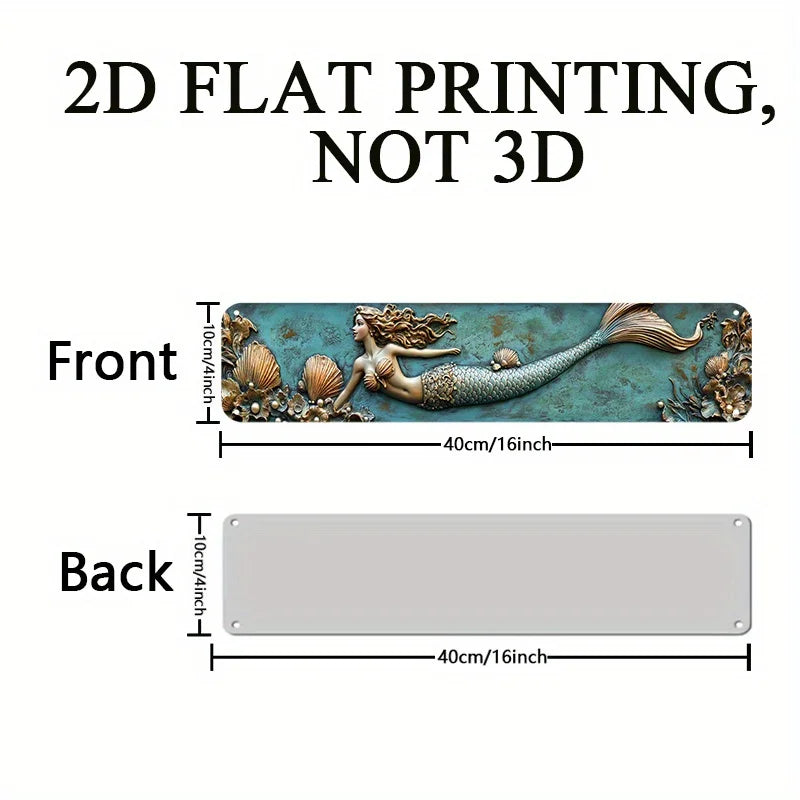 2D Flat, 1pc 4x16 Inch Aluminum Wall Art Sign - Enchanting Mermaid with Sea Jewels, Turquoise & Golden Coastal Decor for Bedroom