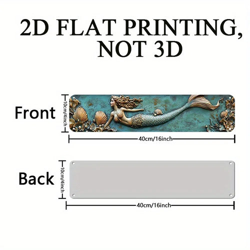 2D Flat, 1pc 4x16 Inch Aluminum Wall Art Sign - Enchanting Mermaid with Sea Jewels, Turquoise & Golden Coastal Decor for Bedroom