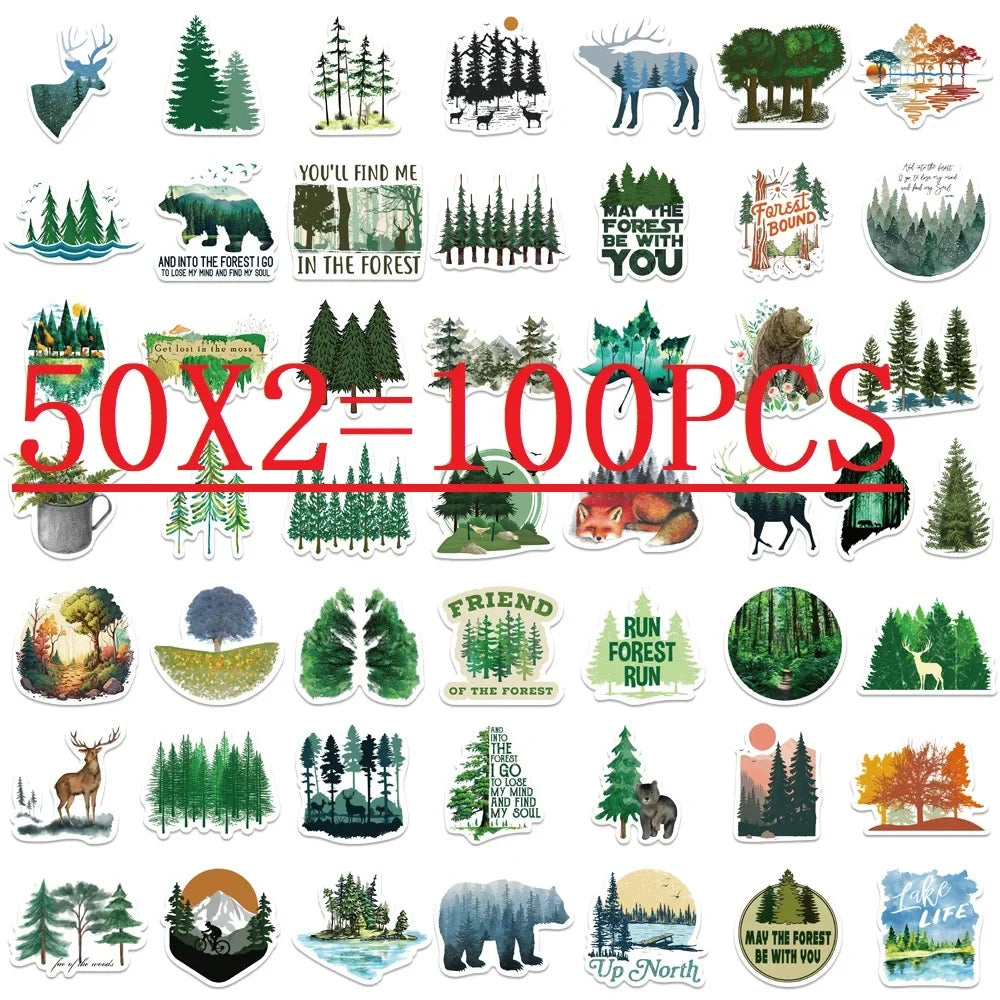 50PCS Green Forest Graffiti Stickers Decorative Guitar Luggage Waterproof DIY Stationery Stickers