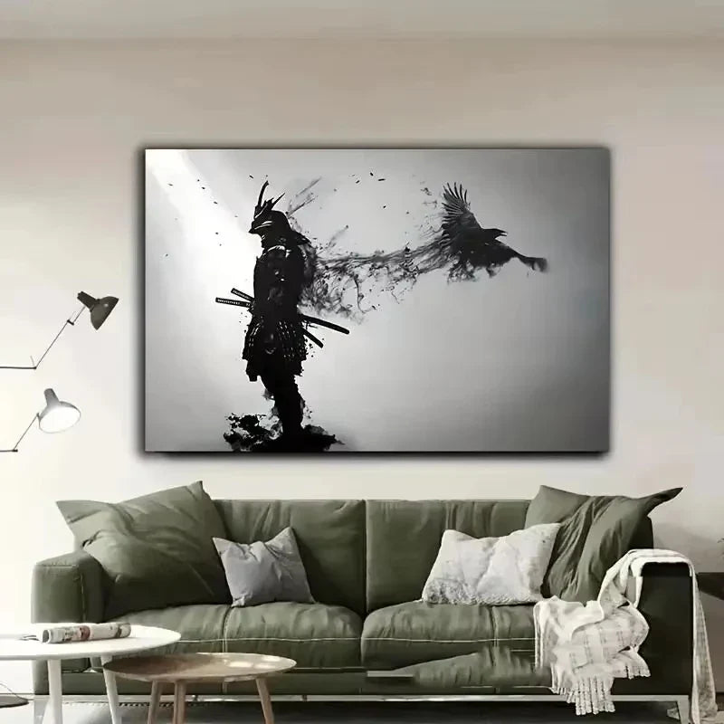 Black and White Japanese Black Samurai Man with Crow Posters and Print Wall Art Canvas Painting for Living Room Cuadros Decor