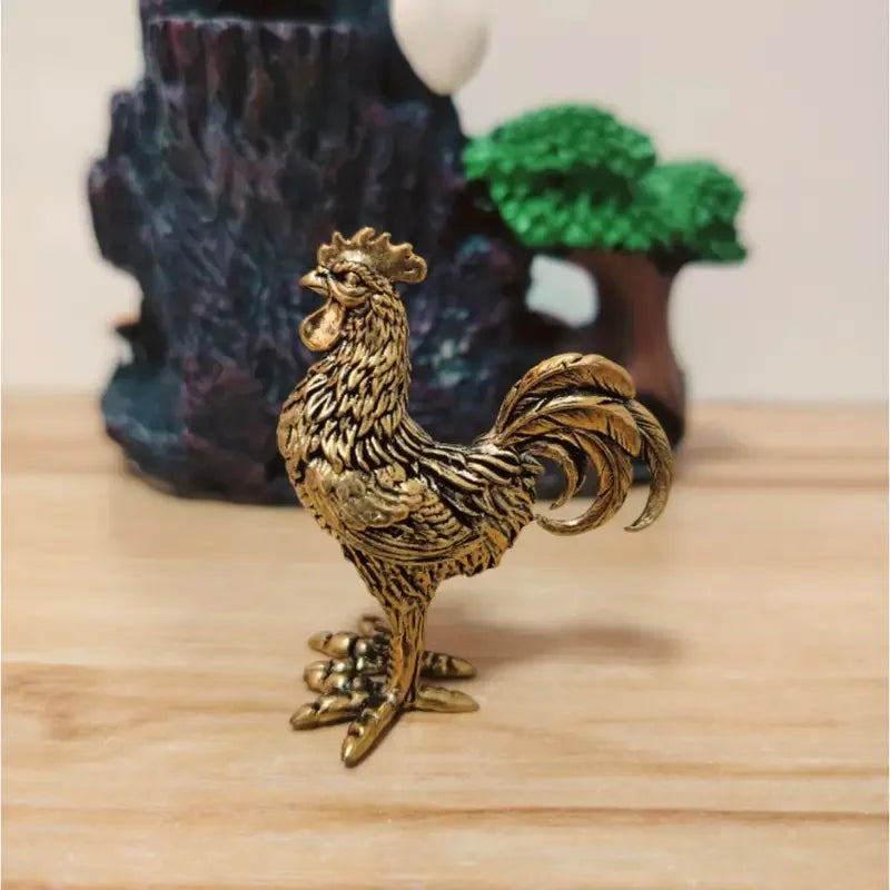 Elegant Brass Rooster Figurine - Intricate Golden Animal Decor for Home, Office, or Gift, Detailed Feathers & Comb, Rustic Table