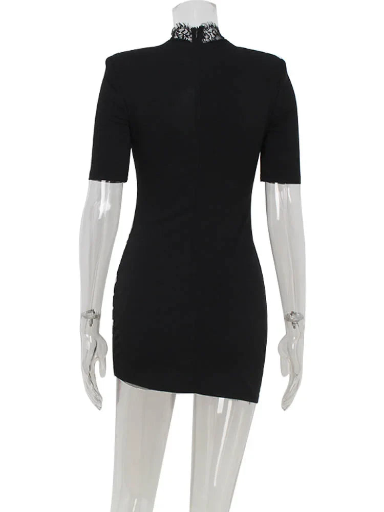 Huhugirl Lace Patchwork Hollow Out Bodycon Sheath High Collar Women Dresses Half Sleeve Outfits Sexy Club Fashion Female Vestido