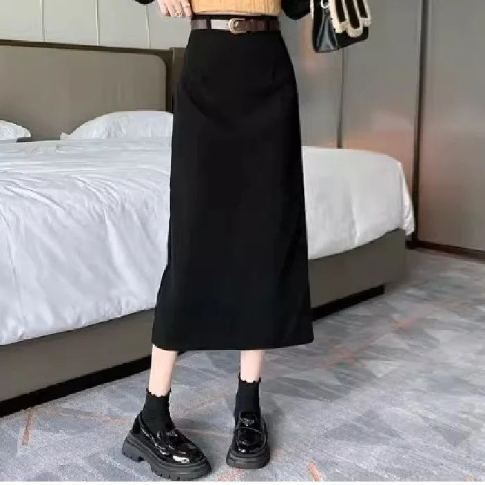 Retro Hong Kong Style Thickened Corduroy Solid Color Half-length Skirt Women's Autumn Winter Wraparound Skirt Mid-length Skirt