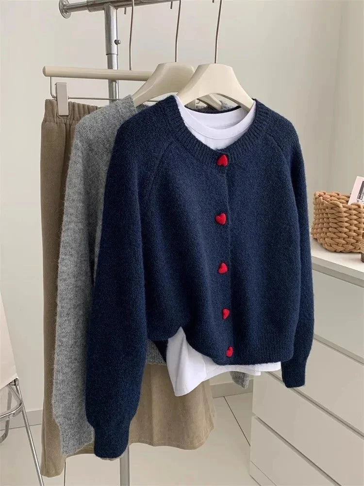 Deep Grey Wool Knitted Cardigan For Women 2026 Autumn Winter Soft And Sticky Warm Love Buckle Shoulder Sleeves