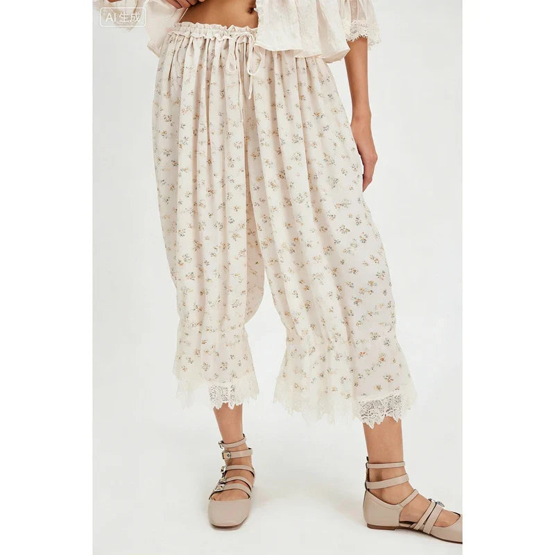 Combhasaki Women's Y2K Loose Fit Bloomers Cropped Pants Drawstring High Waist Floral Lace Patchwork Calf-Length Lantern Trousers