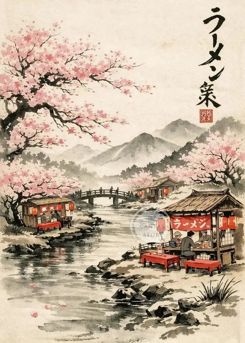 Japanese Ink Painting Landscape Spring Cherry Blossoms Canvas Print Asian Style Wall Art Poster for Living Room Home Decor Gift
