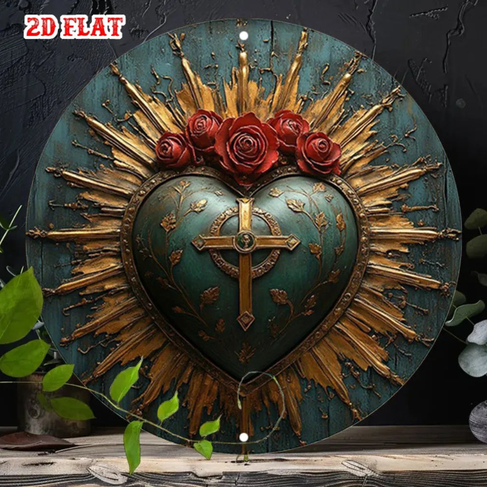 Religious Sacred Heart Round Aluminum Sign - 7.87