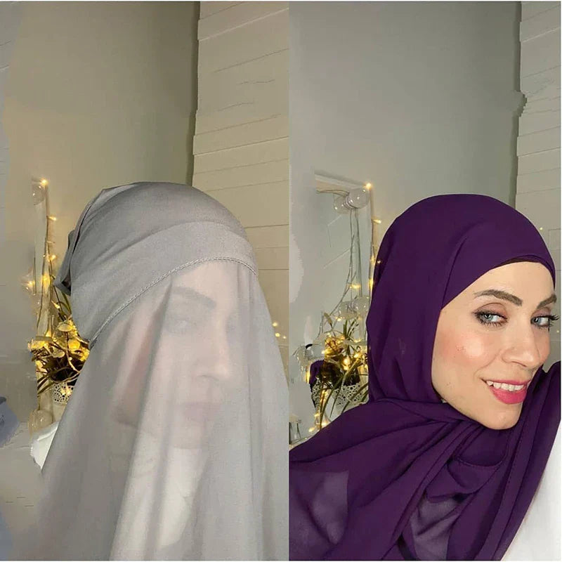New Plain Instant Hijab Bubble Chiffon With Modal Tube Cap Set Muslim Woman Hijab Innerscarf Casual Long Scarf Islamic Turban