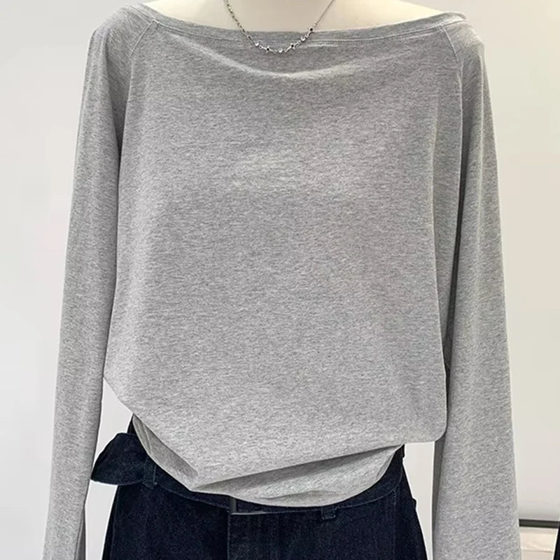 Autumn Winter One Shoulder Cotton Long Sleeve Slant Shoulder Women's Clothing Style Interior Wide Truffle Shoulder Base Shirt