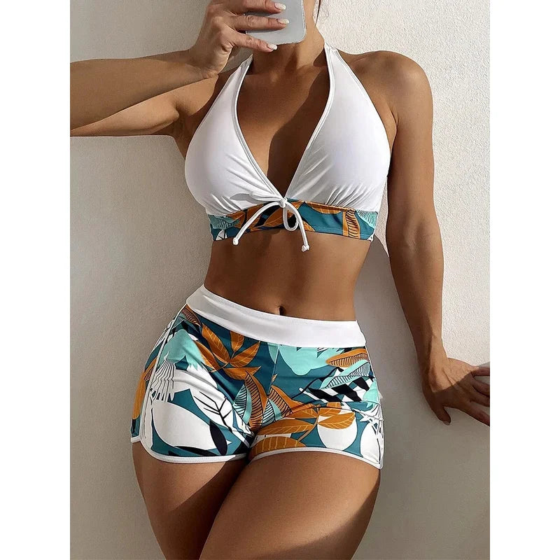 2023 Halter Bikini Set Short Swimsuit Women High Waist Swimwear Female Printed Bathers Swimming Bathing Swim Suit Beachwear