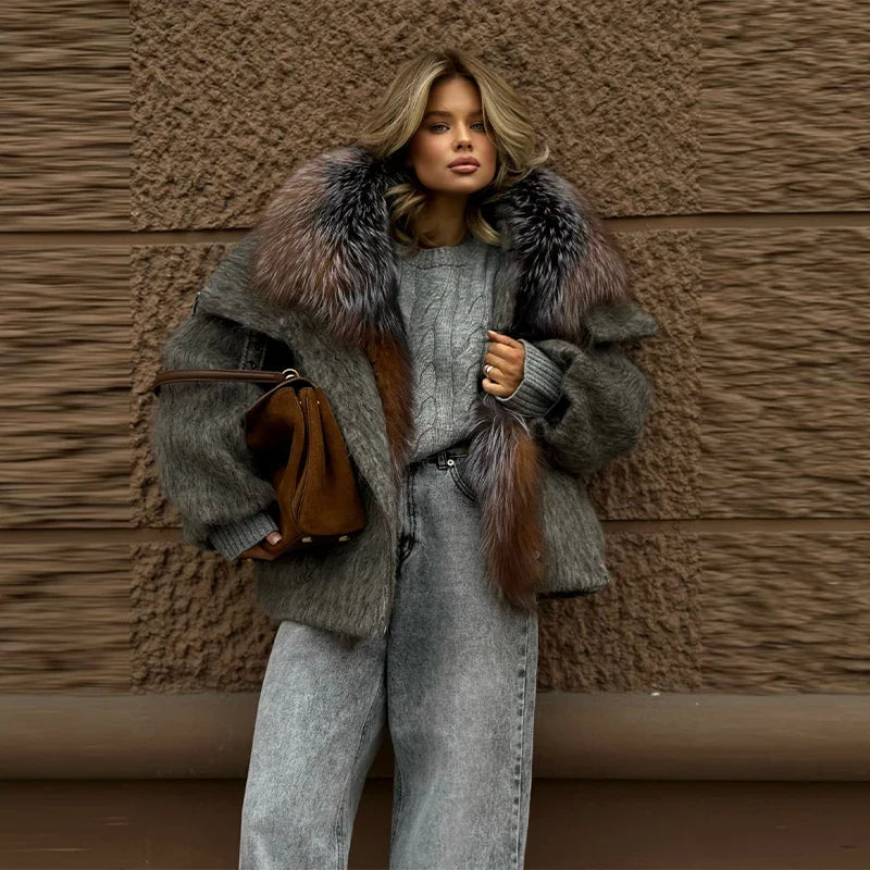 Vintage Thicken Faux Fur Woolen Jacket Women Fashion Hooded Pocket Lantern Sleeve Elastic Waist Coat Winter Female Daily Outwear