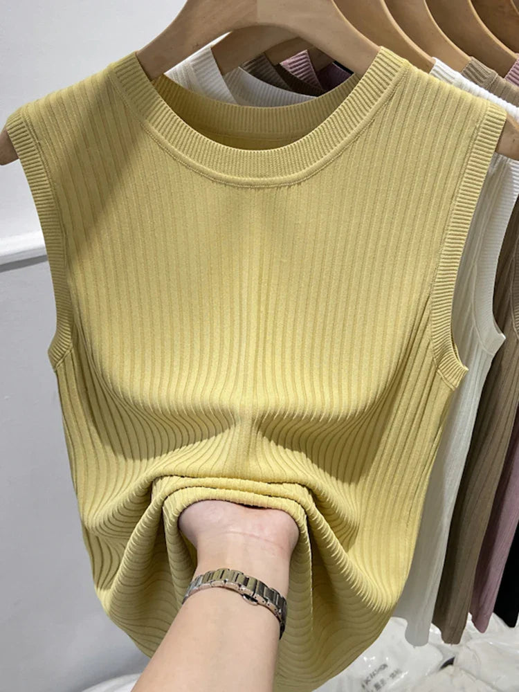Korea Knitted Vests Women Top V-neck Solid Tank Blusas Mujer De Moda 2026 Summer New Fashion Female Sleeveless Casual Thin Tops