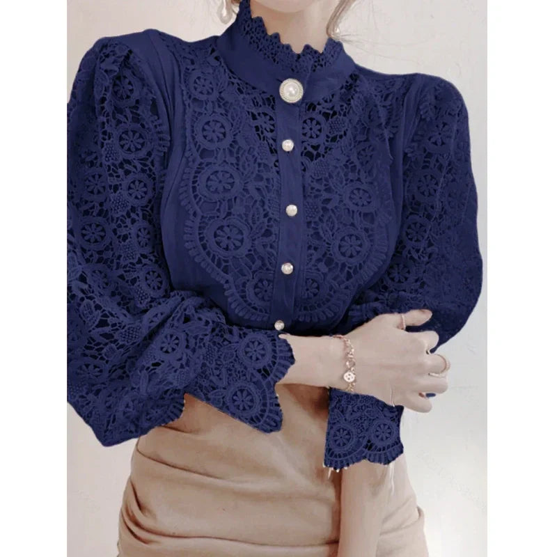 New Women's Long Sleeve High Neck  Chic Blouse, Lace Paneled Hollow Sleeve Elegant Top, Vintage Fashion Office Lady Outfits