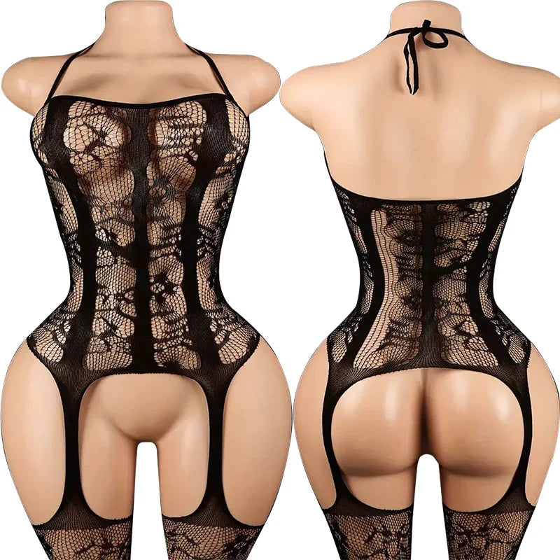 Summer Fashion Slim Teddy Bodysuits Women Sexy Bodycon Fishnet Hollow Rompers Stretch Mesh Sheer Halter O Neck Female Body Suits